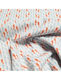 Tissu, Popeline de Coton Hippocampes, Blanc, Laize 160 cm, 100% Coton 115g/m² 2