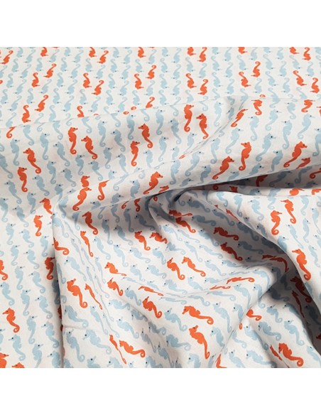 Tissu, Popeline de Coton Hippocampes, Blanc, Laize 160 cm, 100% Coton 115g/m²