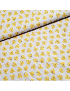 Tissu, Lin Viscose Imprimé Feuilles, Jaune, Laize 135 cm, 55% Lin 45% Viscose 135g/m²