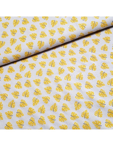Tissu, Lin Viscose Imprimé Feuilles, Jaune, Laize 135 cm, 55% Lin 45% Viscose 135g/m²