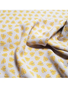 Tissu, Lin Viscose Imprimé Feuilles, Jaune, Laize 135 cm, 55% Lin 45% Viscose 135g/m² 2