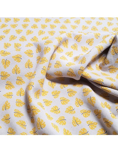 Tissu, Lin Viscose Imprimé Feuilles, Jaune, Laize 135 cm, 55% Lin 45% Viscose 135g/m²