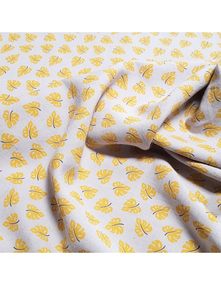 Tissu, Lin Viscose Imprimé Feuilles, Jaune, Laize 135 cm, 55% Lin 45% Viscose 135g/m²