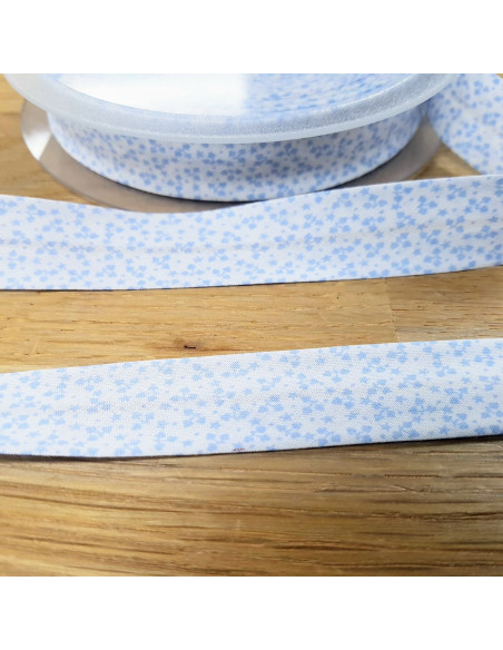 Biais tout textile, fleurs, bleu ciel
