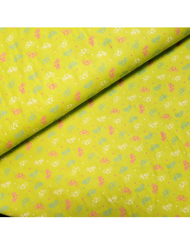 Tissu, Popeline de Coton Motif Vélos, Vert Pomme, Laize 150 cm, 100% Coton 100g/m²