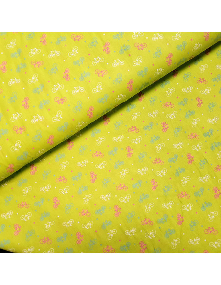 Tissu, Popeline de Coton Motif Vélos, Vert Pomme, Laize 150 cm, 100% Coton 100g/m²