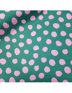Tissu, Coton Enduit, Pois Roses, Vert et Rose, Laize 150 cm, 80% Coton 20% Acrylique