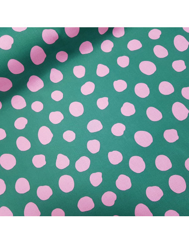 Tissu, Coton Enduit, Pois Roses, Vert et Rose, Laize 150 cm, 80% Coton 20% Acrylique