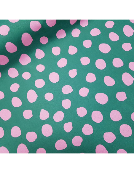 Tissu, Coton Enduit, Pois Roses, Vert et Rose, Laize 150 cm, 80% Coton 20% Acrylique