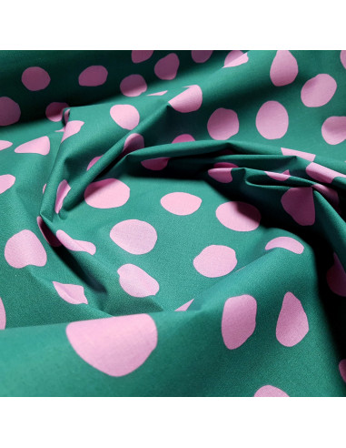 Tissu, Coton Enduit, Pois Roses, Vert et Rose, Laize 150 cm, 80% Coton 20% Acrylique
