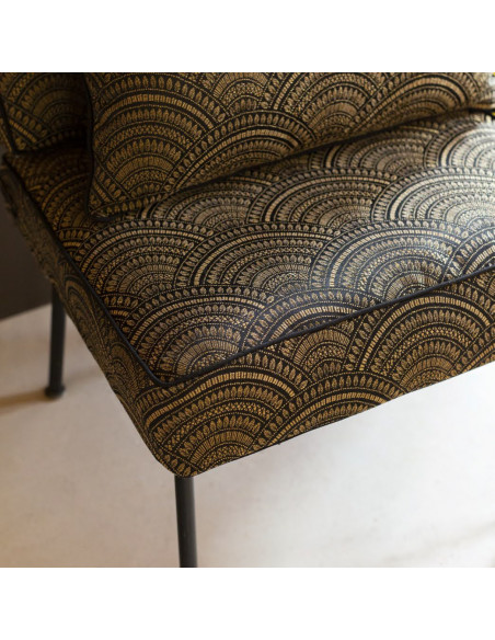 Tissu, Jacquard Art Déco, Doré sur Noir, Laize 140 cm, 80% Polyester 20% Coton 250g/m²