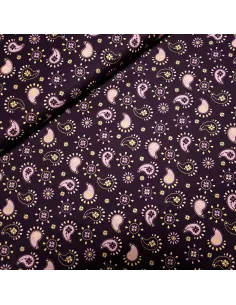 Tissu, Popeline de Coton Motifs Cachemire Lurex, Violet Doré, Laize 150 cm, 100% Coton 161g/m²
