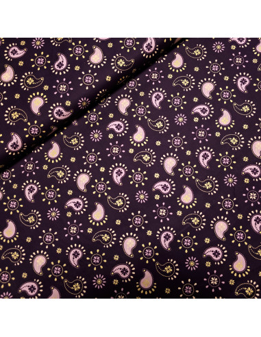 Tissu, Popeline de Coton Motifs Cachemire Lurex, Violet Doré, Laize 150 cm, 100% Coton 161g/m²