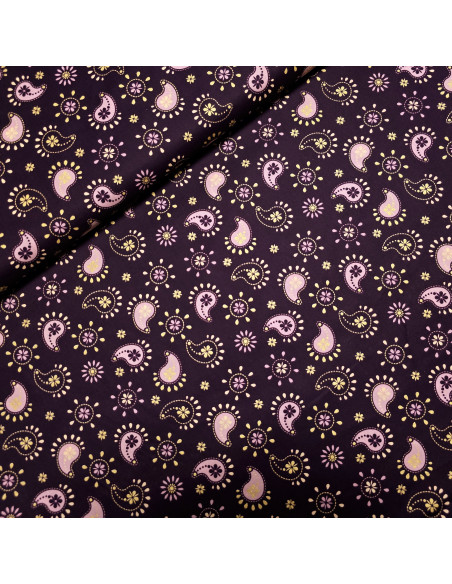 Tissu, Popeline de Coton Motifs Cachemire Lurex, Violet Doré, Laize 150 cm, 100% Coton 161g/m²
