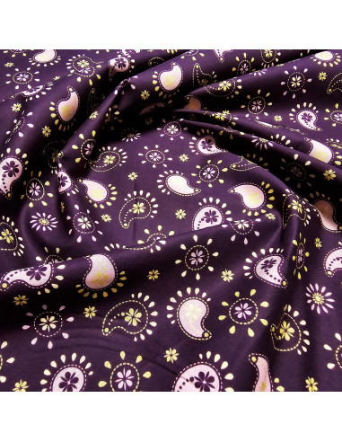 Tissu, Popeline de Coton Motifs Cachemire Lurex, Violet Doré, Laize 150 cm, 100% Coton 161g/m²