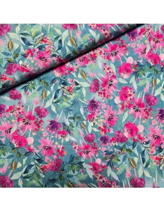 Tissu, Viscose Fleurie, Bleu Nuit et Rose, Laize 145 cm, 100% Viscose 156g/m²