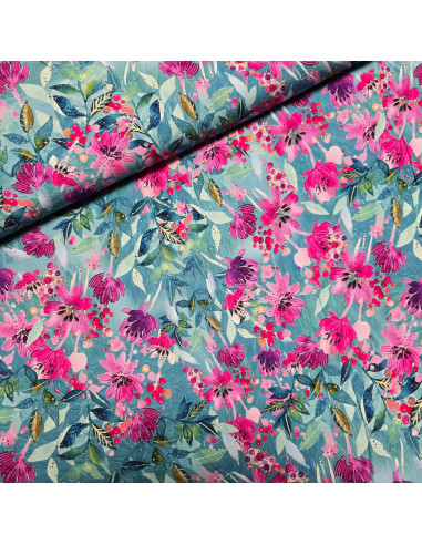 Tissu, Viscose Fleurie, Bleu Nuit et Rose, Laize 145 cm, 100% Viscose 156g/m²