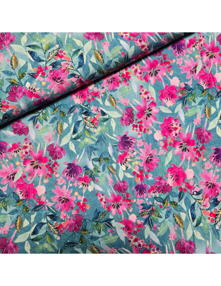 Tissu, Viscose Fleurie, Bleu Nuit et Rose, Laize 145 cm, 100% Viscose 156g/m²