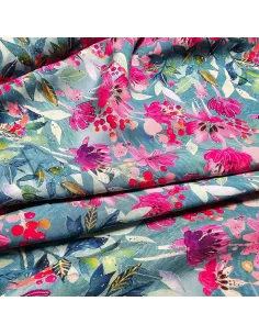 Tissu, Viscose Fleurie, Bleu Nuit et Rose, Laize 145 cm, 100% Viscose 156g/m² 2