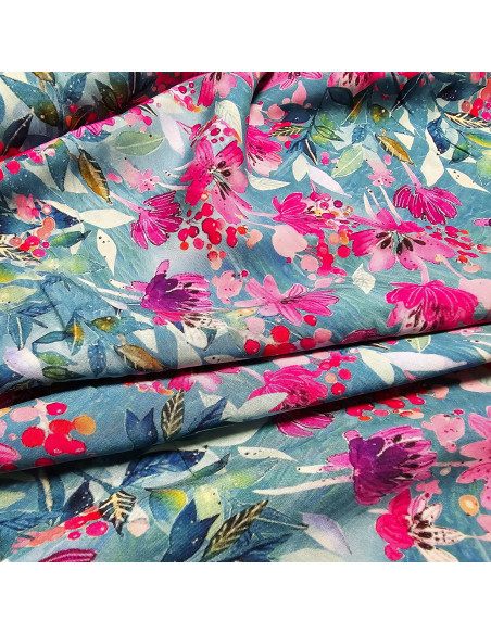 Tissu, Viscose Fleurie, Bleu Nuit et Rose, Laize 145 cm, 100% Viscose 156g/m²