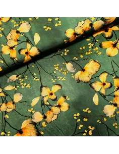 Tissu, Sergé de Viscose Fleuri, Jaune sur Vert, Laize 140 cm, 97% Viscose 3% Élasthanne 154g/ml