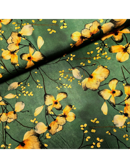 Tissu, Sergé de Viscose Fleuri, Jaune sur Vert, Laize 140 cm, 97% Viscose 3% Élasthanne 154g/ml