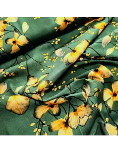 Tissu, Sergé de Viscose Fleuri, Jaune sur Vert, Laize 140 cm, 97% Viscose 3% Élasthanne 154g/ml 2