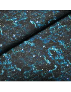 Tissu, Jersey de Coton Imprimé Espace, Bleu Nuit Galactique, Laize 140 cm, Coton Stretch Oeko-Tex
