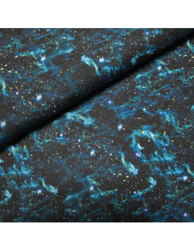 Tissu, Jersey de Coton Imprimé Espace, Bleu Nuit Galactique, Laize 140 cm, Coton Stretch Oeko-Tex