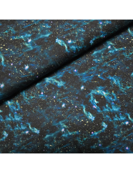 Tissu, Jersey de Coton Imprimé Espace, Bleu Nuit Galactique, Laize 140 cm, Coton Stretch Oeko-Tex