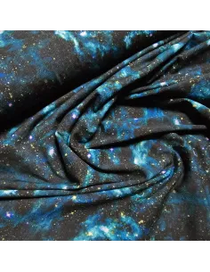 Tissu, Jersey de Coton Imprimé Espace, Bleu Nuit Galactique, Laize 140 cm, Coton Stretch Oeko-Tex 2
