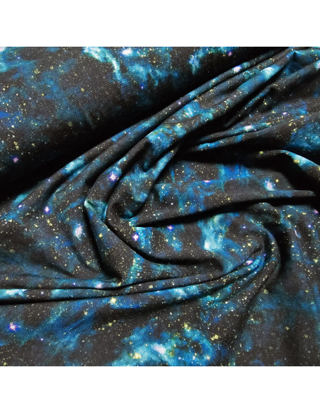 Tissu, Jersey de Coton Imprimé Espace, Bleu Nuit Galactique, Laize 140 cm, Coton Stretch Oeko-Tex
