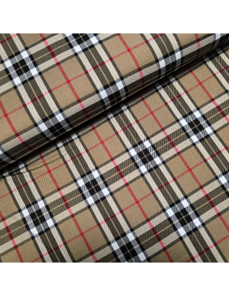 Tissu, Tartan Écossais Classique, Beige, Noir et Blanc Cassé, Laize 145 cm, Polyester, Viscose et Spandex 326g/ml