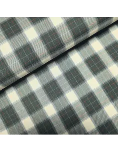 Tissu, Tartan Écossais à Grands Carreaux, Vert Forêt et Écru, Laize 145 cm, Polyester, Viscose et Spandex 326g/m²