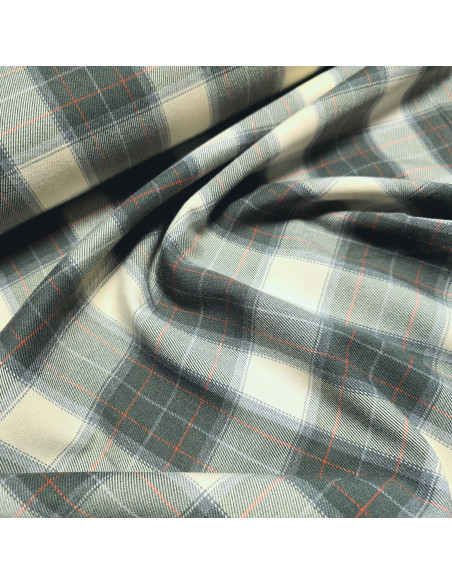 Tissu, Tartan Écossais à Grands Carreaux, Vert Forêt et Écru, Laize 145 cm, Polyester, Viscose et Spandex 326g/m²