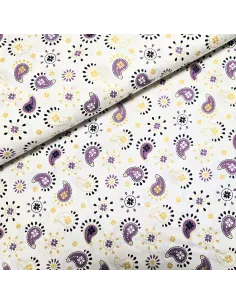 Tissu, Popeline de Coton Motifs Cachemire Lurex, Blanc Mauve Doré, Laize 150 cm, 100% Coton 107g/m²