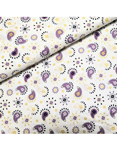 Tissu, Popeline de Coton Motifs Cachemire Lurex, Blanc Mauve Doré, Laize 150 cm, 100% Coton 107g/m²