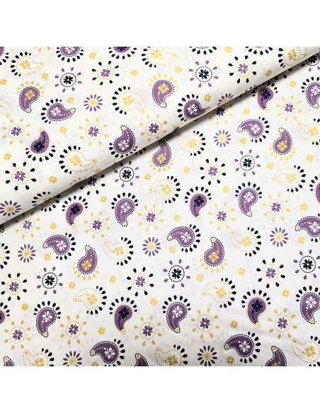 Tissu, Popeline de Coton Motifs Cachemire Lurex, Blanc Mauve Doré, Laize 150 cm, 100% Coton 107g/m²