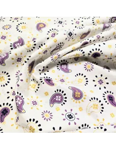 Tissu, Popeline de Coton Motifs Cachemire Lurex, Blanc Mauve Doré, Laize 150 cm, 100% Coton 107g/m² 2