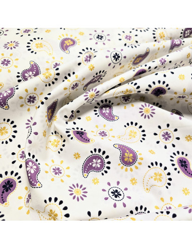Tissu, Popeline de Coton Motifs Cachemire Lurex, Blanc Mauve Doré, Laize 150 cm, 100% Coton 107g/m²