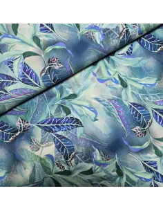 Tissu, Viscose Imprimée Motif Feuilles, Bleu Vert, Laize 145 cm, 100% Viscose 156g/ml