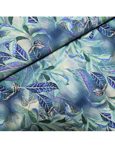 Tissu, Viscose Imprimée Motif Feuilles, Bleu Vert, Laize 145 cm, 100% Viscose 156g/ml