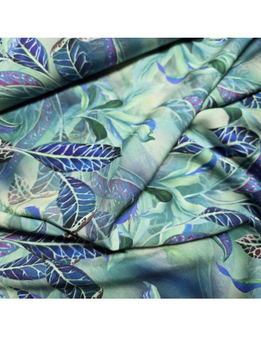 Tissu, Viscose Imprimée Motif Feuilles, Bleu Vert, Laize 145 cm, 100% Viscose 156g/ml