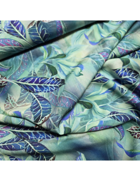 Tissu, Viscose Imprimée Motif Feuilles, Bleu Vert, Laize 145 cm, 100% Viscose 156g/ml