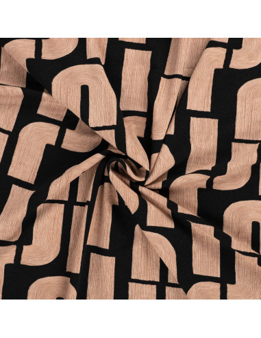 Tissu, Jersey de Viscose Imprimé Tubes Graphiques, Sable sur Noir, Laize 150 cm, Viscose Stretch Oeko-Tex