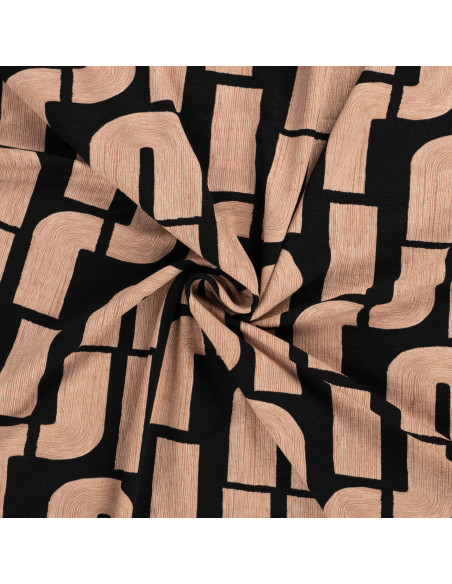 Tissu, Jersey de Viscose Imprimé Tubes Graphiques, Sable sur Noir, Laize 150 cm, Viscose Stretch Oeko-Tex