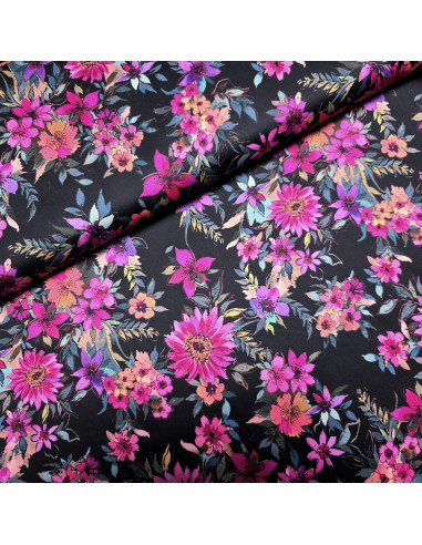 Tissu, Satin de Coton Imprimé Fleurs, Multicolore, Laize 146 cm, 100% Coton 168g/ml