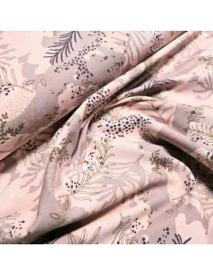 Tissu, French Terry Imprimé Feuilles, Tons Roses Nature, Laize 150 cm, Coton Stretch Oeko-Tex 2