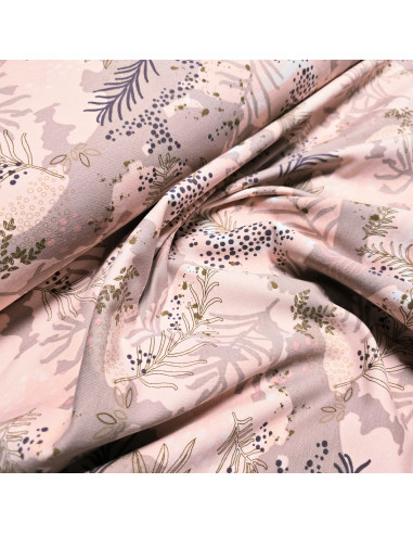 Tissu, French Terry Imprimé Feuilles, Tons Roses Nature, Laize 150 cm, Coton Stretch Oeko-Tex