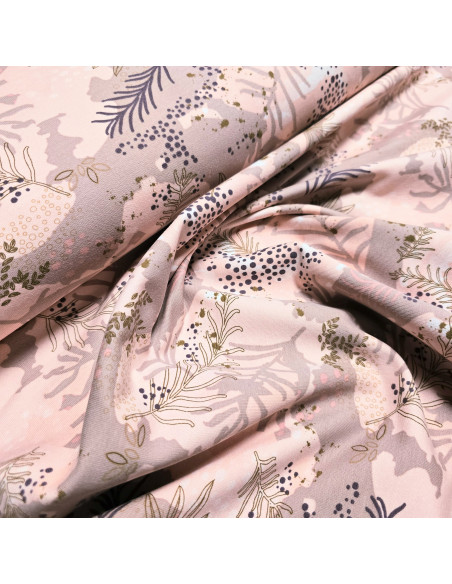 Tissu, French Terry Imprimé Feuilles, Tons Roses Nature, Laize 150 cm, Coton Stretch Oeko-Tex